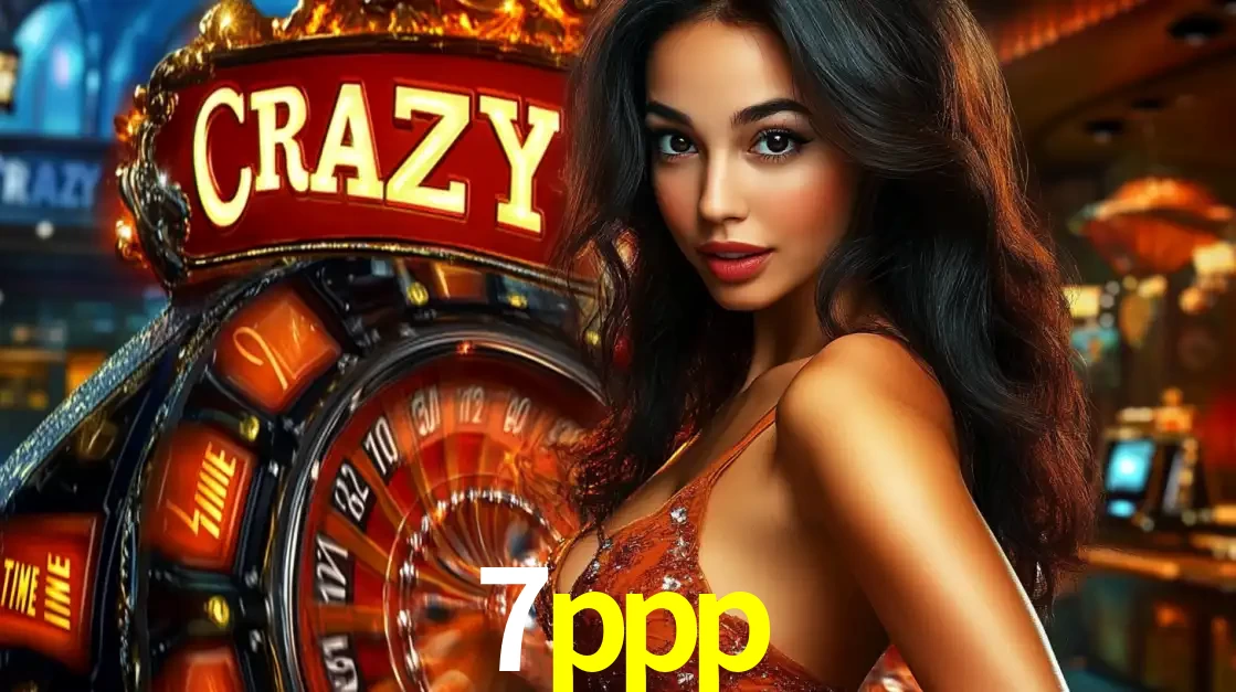 Mulher glamourosa olhando para a câmera com a roda vermelha do Crazy Time ao fundo em um ambiente de cassino, destacando a emoção dos jogos ao vivo no 7ppp.